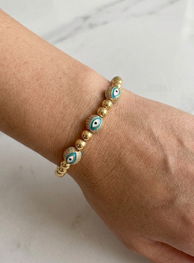 复古滴油恶魔之眼手链 EvilEye 蓝眼睛手串6mm金色珠串珠手饰