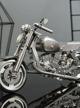 不锈钢哈雷摩托车吉普老爷车金属模型创意工业风合金轻奢银色摆件