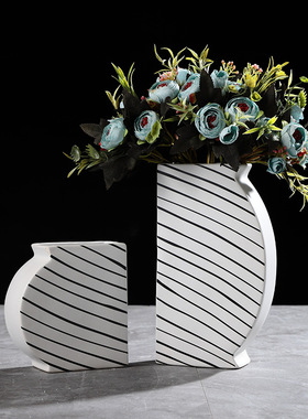 创意北欧黑白条纹插花简约陶瓷花瓶时尚家居桌面软装饰品摆件