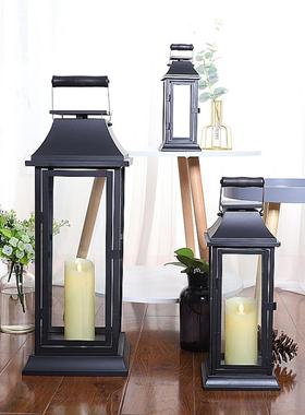 电子蜡烛锻铁玻璃落地式风灯中国覆古便携式防风烛台户外庭院烛台