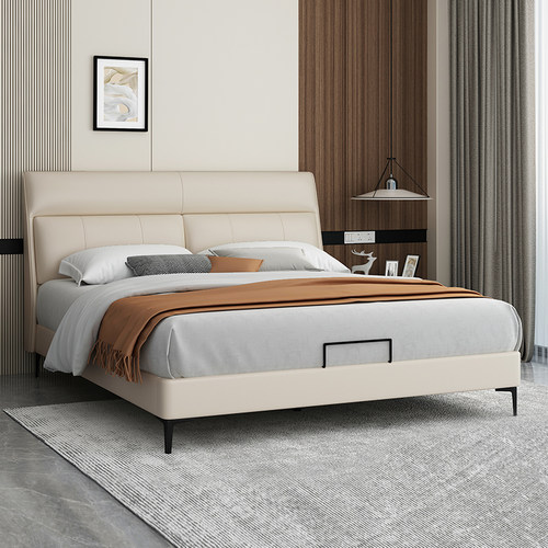 【波斯】雅兰现代简约轻奢风创意真皮床齐边靠背主卧双人1米8大床 - 图1