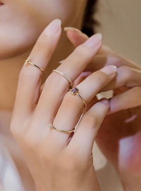 日系镀金戒指女款镶嵌锆石叠戴宽版食指戒单戴细指环复古轻奢套