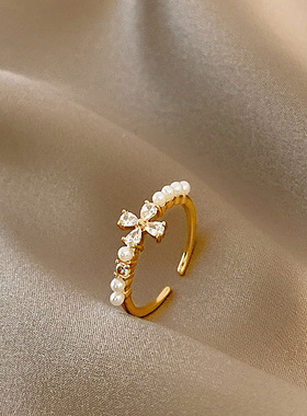 开口可调节珍 珠镶锆石戒指小众个性百搭食指戒叠戴食指指环批发