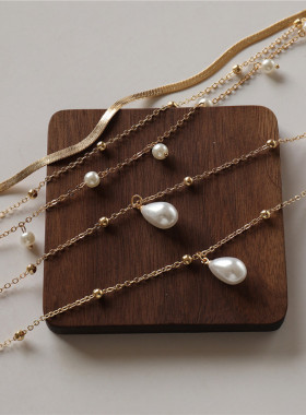 欧美跨境多元仿珍珠项链女冷淡风气质叠戴多层金属链条链锁锁骨链