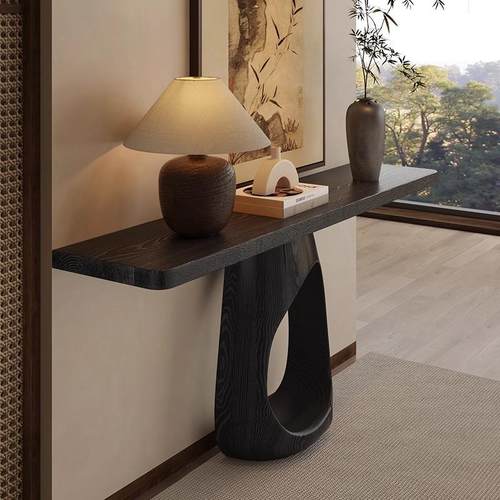 侘寂风实木玄关桌碳化黑色入户靠墙玄关台家用创意装饰靠墙条案 - 图1