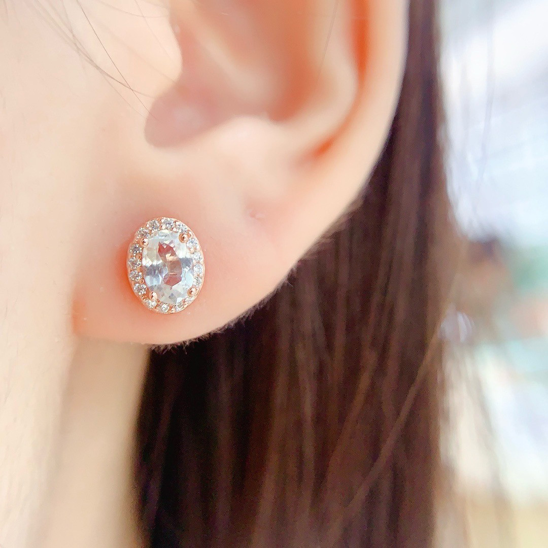 【地大珠宝】天然海蓝宝耳钉女18k金镶耳环火彩十足浪漫樱花粉4*6,淘宝优惠券,粉丝福利购,淘宝优惠卷