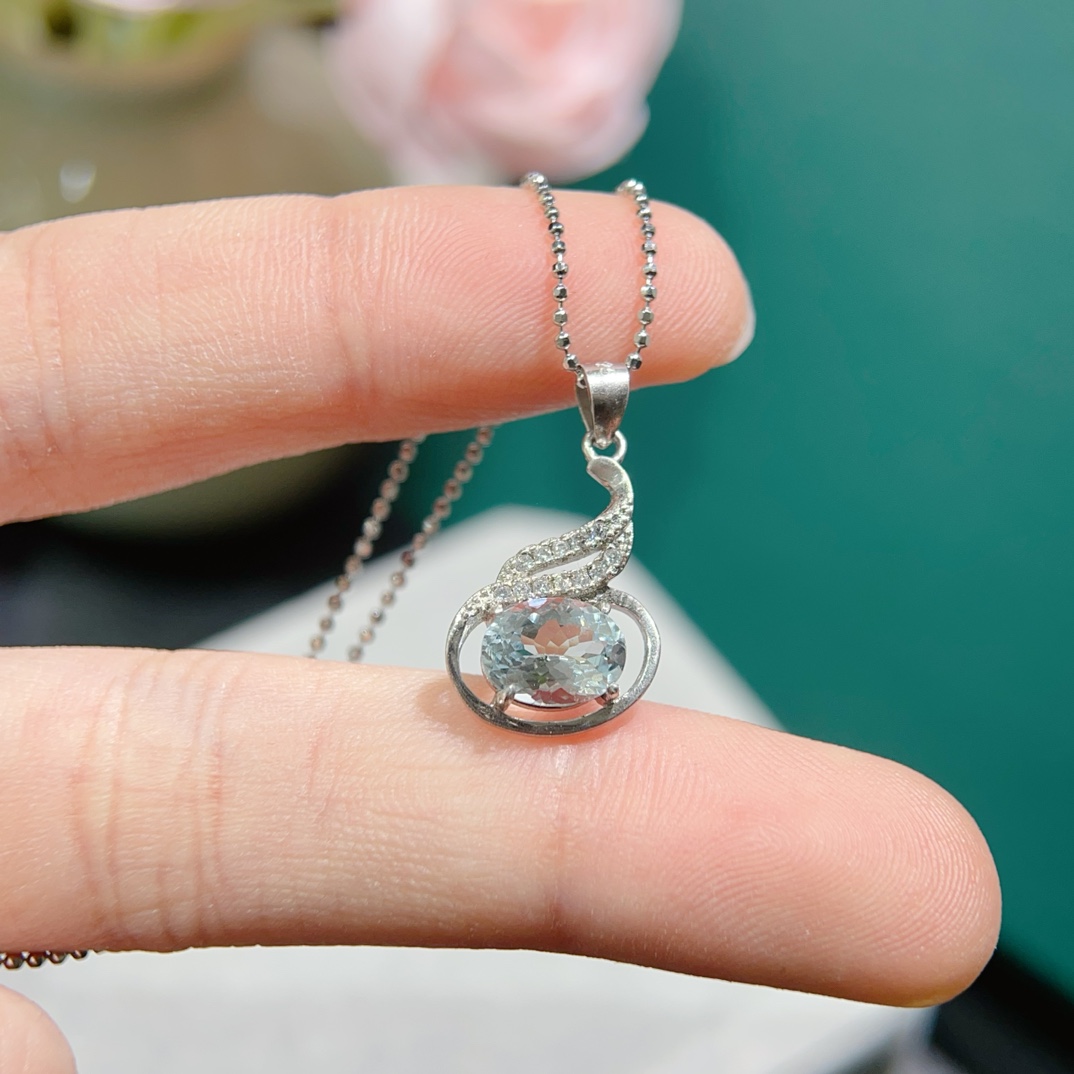 【地质大学珠宝】天然海蓝宝吊坠项链女925银镶嵌水灵灵 - 图2