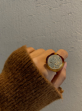 法式复古浮雕人像钱币戒指美拉德开口可调节小众高级感硬币指环女