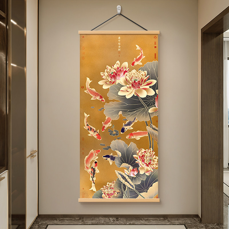新中式入户玄关装饰画荷花九鱼图寓意好壁画客厅走廊过道招财壁画,淘宝优惠券,粉丝福利购,淘宝优惠卷