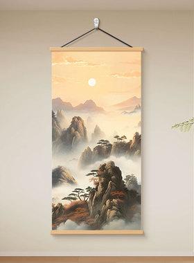 旭日东升客厅沙发风景挂画新中式