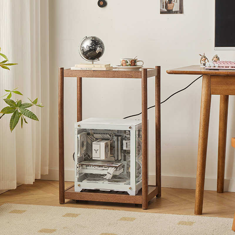 Desktop computer host solid wood bracket double-layer removable brake chassis cooling rack printer storage side table