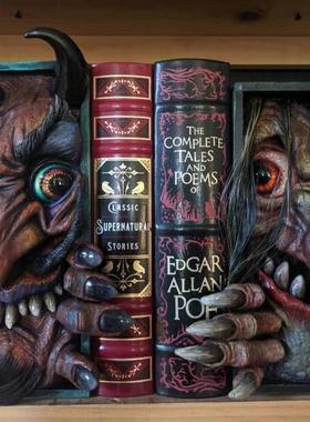 哥特式风格3D书架书架装饰恐怖怪物面具覆活节树脂工艺雕像装饰品