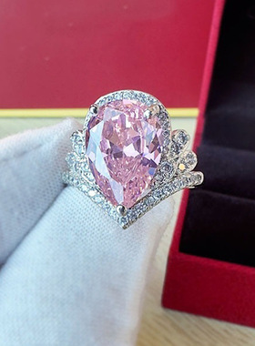 2025新款时尚女士水滴形粉钻莫桑钻开口钻戒欧美奢华跨境定情饰品