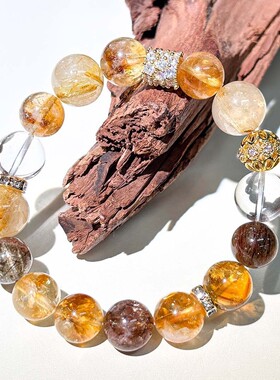 2025新款高级感天然黄水晶发晶手链七珠小众设计白圆珠精品