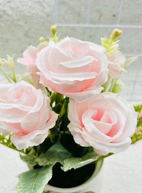 三朵玫瑰小翻边盆盆景组合仿真植物盆栽北欧风家居桌面装饰摆件