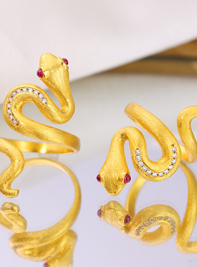 灵蛇戒指微镶锆石沙金生肖蛇年指环复古宫廷拉丝金蛇食指戒