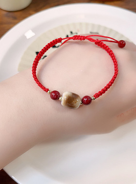 本命年红绳手链女新中式虎牙天珠编绳玛瑙手串上岸转运编织绳