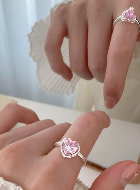 2025新款时尚粉色立方锆轻奢爱心开口食指女戒生日礼物情定情人节