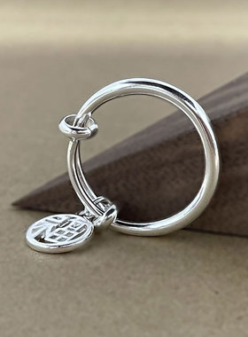 2025新款通体纯银国风潮流简约圆柱戒指福字吊牌推拉饰品风尚指环