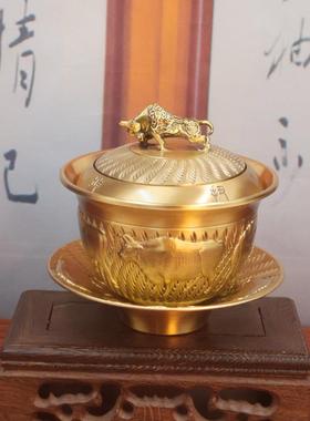 黄铜三彩茶碗和牛画茶碗盖可旋转茶具装饰书房家居装饰