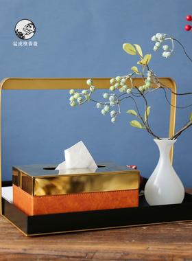 新中国风皮革纸巾盒彷玻璃花瓶金属铁篮托盘装饰品样板间软装饰
