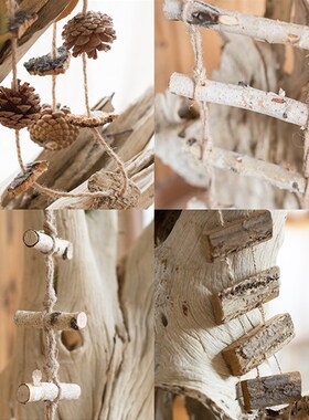 掬涵 木棒串串 小梯子 挂件装饰挂饰挂串 白桦木松果圣诞原木