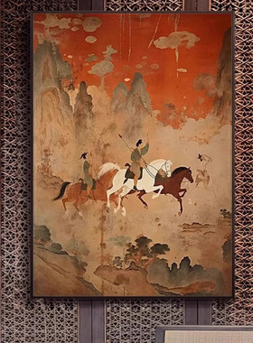 宋代美学挂画中式红色骑马山水高