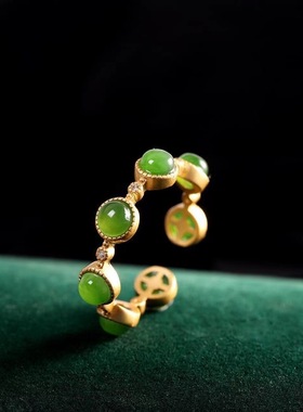 镀金色活口戒指嵌仿和田玉碧玉食指戒女送长辈礼物几何几何戒指