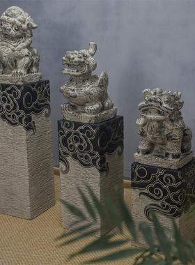 神兽玄关茶室软装新中式仿石麒麟貔貅狮子镇宅招财禅意中堂摆件