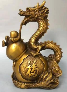 纯铜龙摆件天上飞龙龙柱五爪绿龙玩珠龙形桌面摆件动物入口礼品