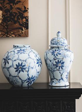 中式青花瓷花瓶摆件手绘鎏金瓶法式客厅玄关花几摆放装饰陶瓷圆瓶