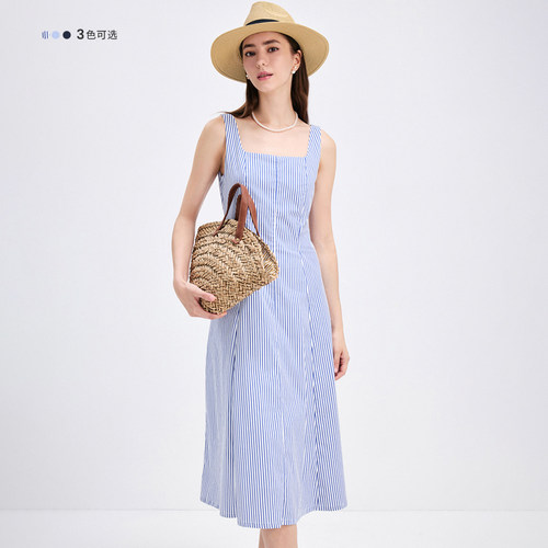 Navigare意大利小帆船显瘦通勤连衣裙女26夏季新品方领修身背带裙 - 图1