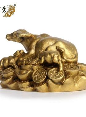 真古黄铜母子牛饰品铜生肖牛饰品吸引铜钱元宝财牛家居饰品