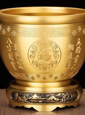 黄铜米缸招财摆件纯铜聚宝盆实心客厅玄关办公室装饰聚财存钱罐
