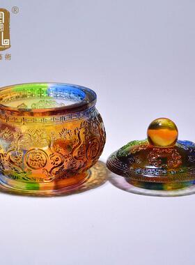 中式高级琉璃聚宝盆桌面摆件 可定制礼盒装招财聚财玻璃工艺品