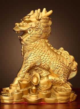铜麒麟摆件一对护宝麒麟元宝财富金钱麒麟家用客厅装饰店铺办公室