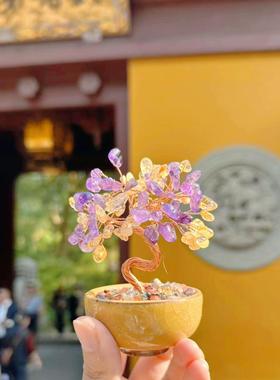 灵隐发财树黄水晶摆件招财办公室桌面聚财装饰品摆件水晶摇钱树寺