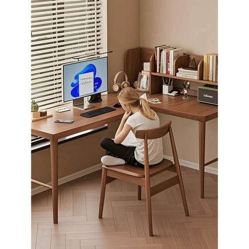 实木转角书桌家用学生学习桌定制卧室电脑桌书架一体桌办公写字桌 - 图3