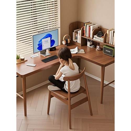 实木转角书桌家用学生学习桌定制卧室电脑桌书架一体桌办公写字桌 - 图0