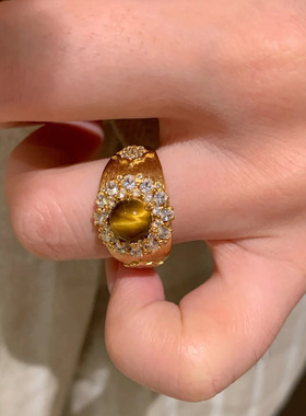 美拉德风中古拉丝天然虎眼石戒指女小众高级感复古微镶锆石食指