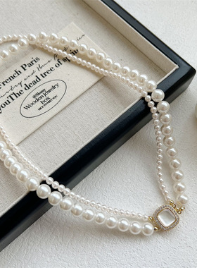 轻奢小众名媛风高级感 法式浪漫双层叠戴 超仙复古贝母扣锁骨