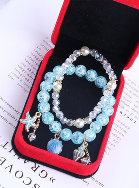 韩版少女心冰裂碎花水晶蓝海星流苏弹力串珠手链女孩手串手饰品