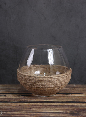 现代简约北欧椭圆形麻绳玻璃花瓶摆件家居样板房桌面软装饰品