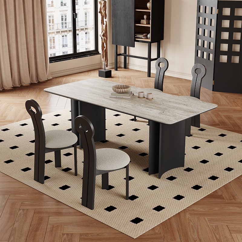 黑色实木餐桌法式复古风家用小户型现代简约高端长X方形岩板餐桌 - 图2