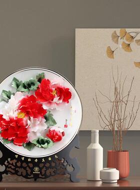 博艺萱洛阳牡丹瓷摆件家居电视柜酒柜装饰挂盘手工陶瓷艺术品礼品