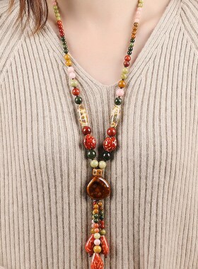 民族风高档陶瓷毛衣链女长款百搭吊坠秋冬项链2023年新款饰品挂饰