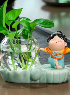 唐仕女创意家居装饰品客厅办公室桌面水培花瓶插花绿萝工位小摆设