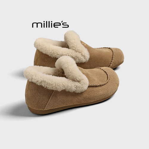 MILLIE'S/妙丽加绒保暖毛毛鞋2026冬季女翻边雪地靴百搭休闲板鞋Z - 图0