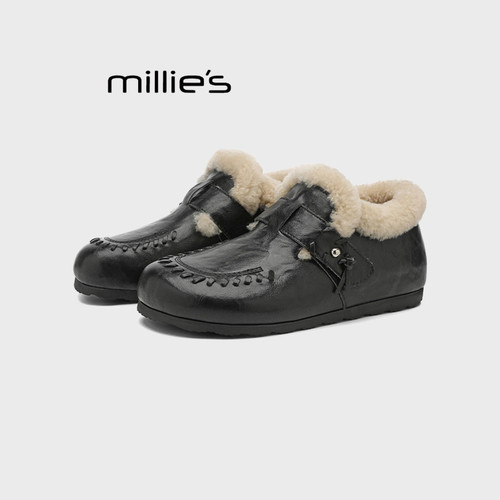MILLIE'S/妙丽毛绒勃肯鞋女冬季新款加绒保暖一脚蹬厚底休闲棉鞋Q - 图1
