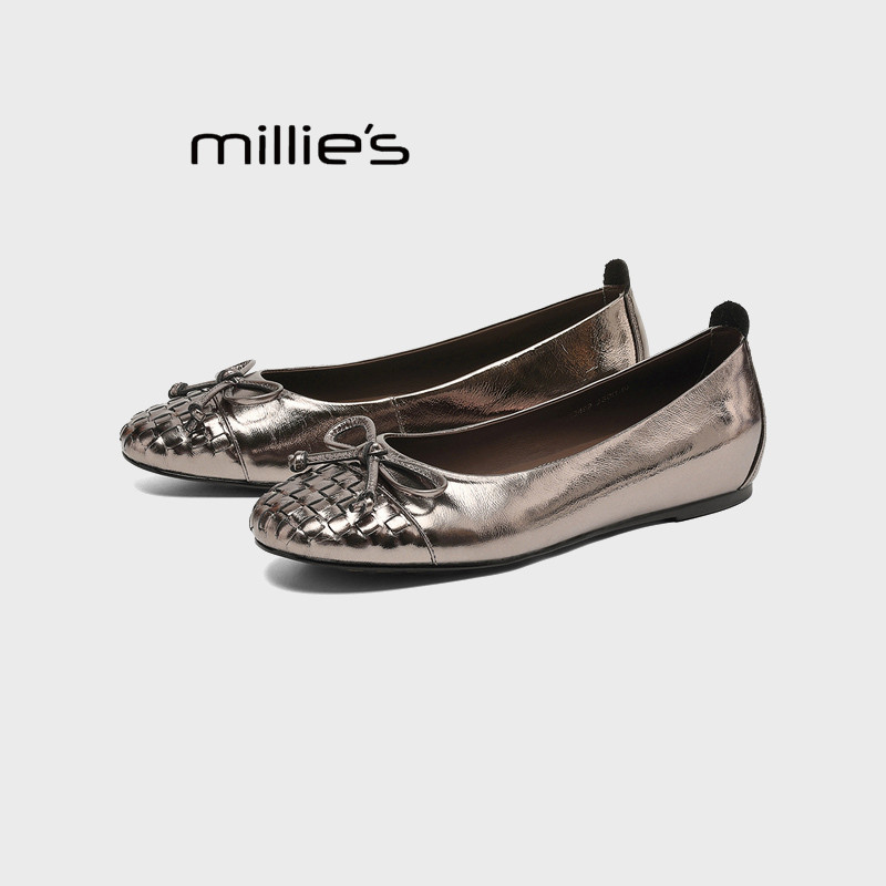 MILLIE'S/妙丽真皮编织复古气质通勤浅口船鞋芭蕾舞平底单鞋女,淘宝优惠券,粉丝福利购,淘宝优惠卷